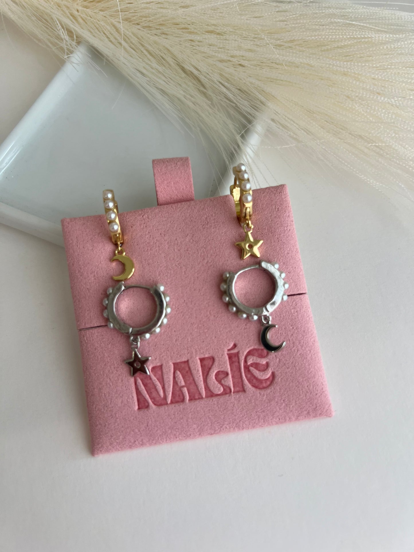 Moon and Stars Pearl Hoops