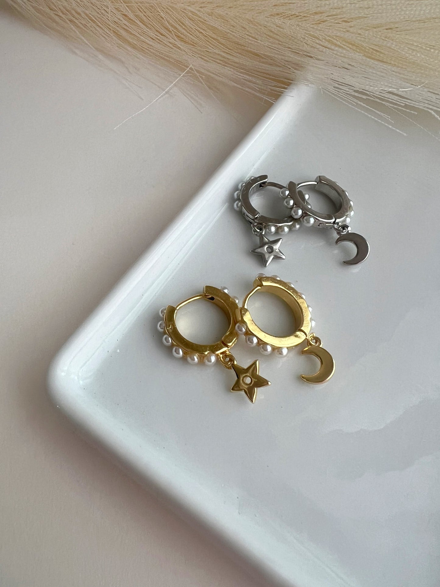Moon and Stars Pearl Hoops