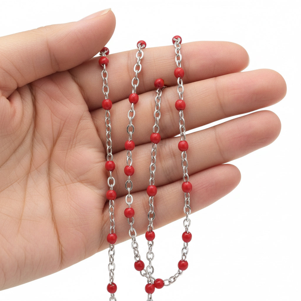 Silver Enamel Ball Chain in Red